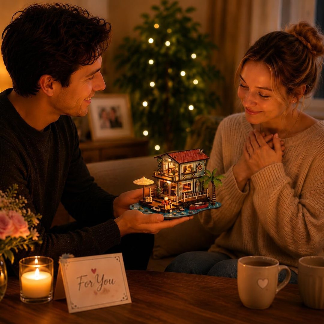 A couple sharing a glowing gift at night